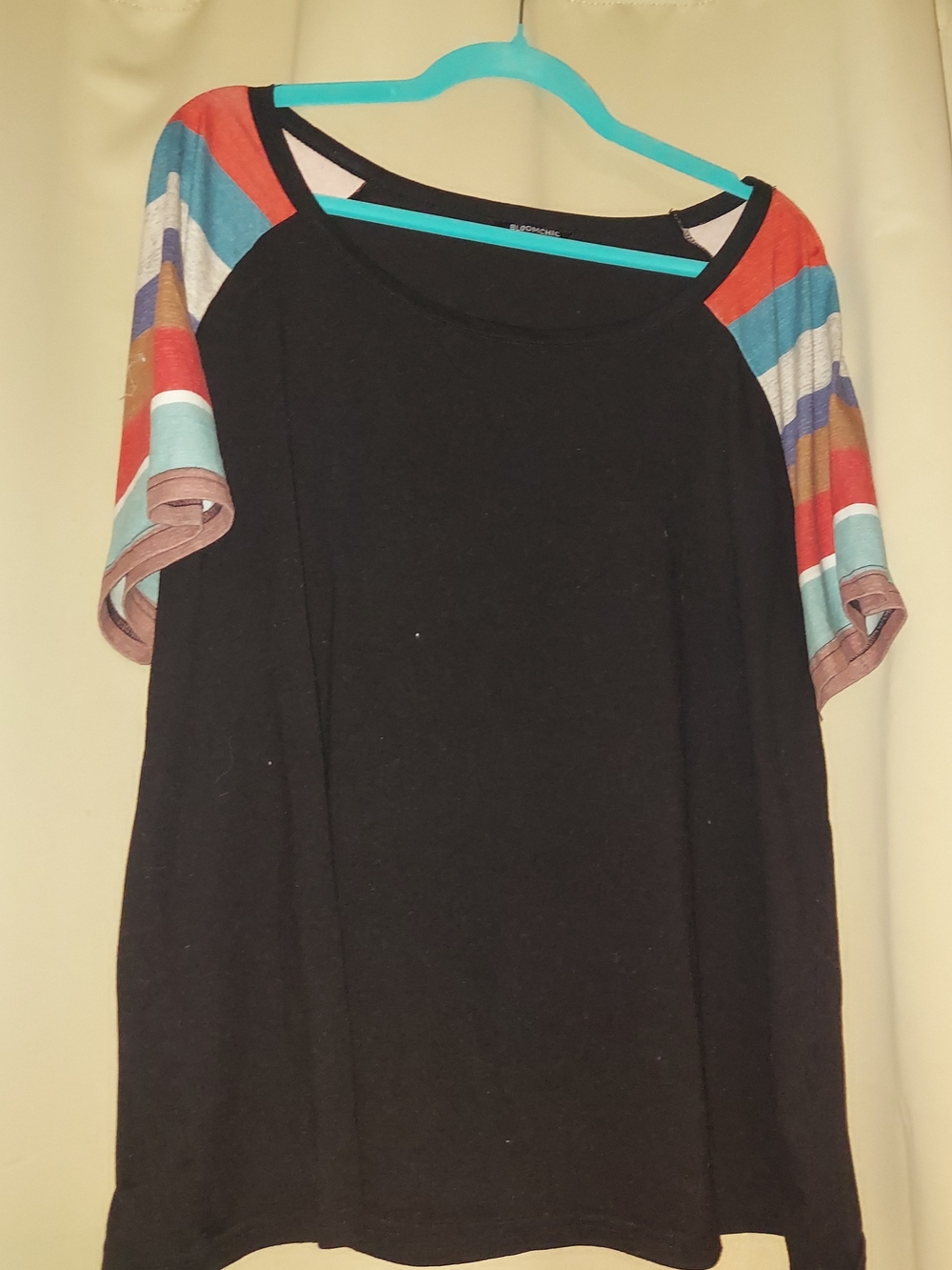 BloomChic Black Tee with Multicolor Stripe Raglan Sleeves